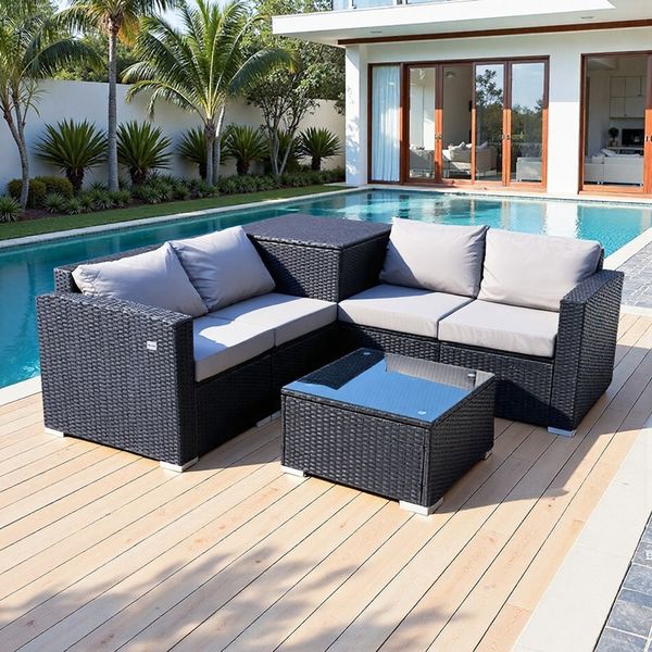 HOMAVO Gartenlounge-Set mit Beistelltisch, Aufbewahrungsbox & Abdeckung, Set, 7-tlg, Gartenmöbel set 4 Personen