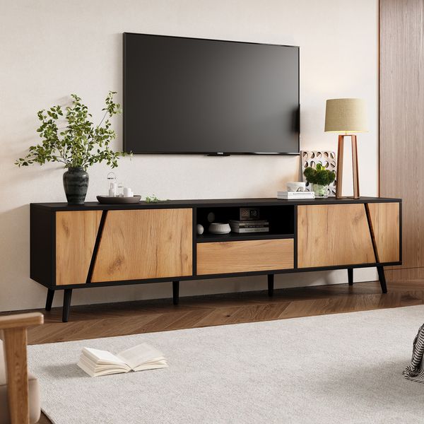 TV-Schrank 180x40x46 cm, Schwarz/Natur, mit 2 Türen, 1 Schublade und offenem Fach