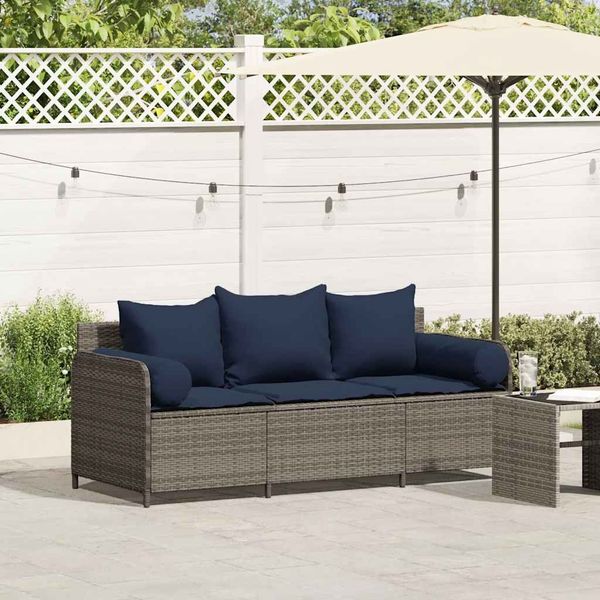 vidaXL Gartensofa mit Kissen 3-Sitzer Grau Poly Rattan 4104179