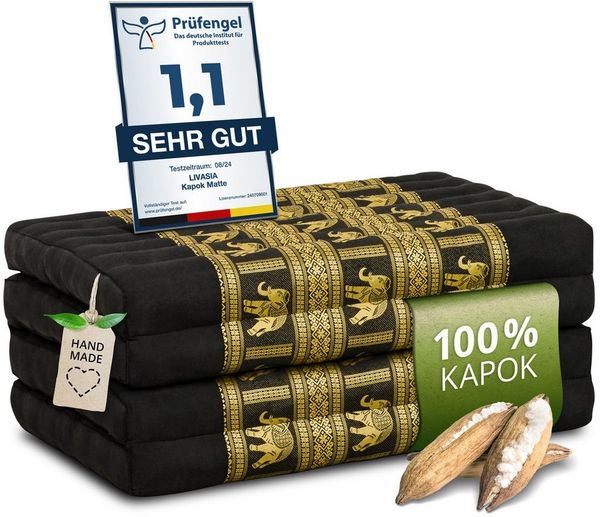 Nachhaltige Klappmatratze aus Kapok, Gästematratze mit Thaiseide, Matratze faltbar für Van, ökologische Yogamatte, Gästebett klappbar, Liege Garten Balkon 200 x 80 x 8 cm (Schwarz/Elefanten Seide)