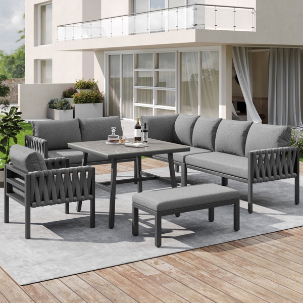 Merax Gartenmöbelset für 6-7 Personen, Seilgartenmöbelset mit verzinktem Eisengestell, verstellbare Beine, Ecksofa, Tischplatte aus gehärtetem Glas, inklusive aller Sitz- und Rückenkissen, grau