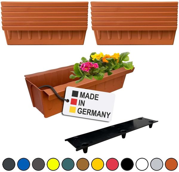 BURI 12 Euro-Paletten Blumenkästen-Einsätze inkl. Bewässerungsmatte | mit Hängesystem zum Einhängen | 37,3cm Terrakotta | Pflanzkasten für Europalette Palette | Balkonkasten | Blumentopf | stabil