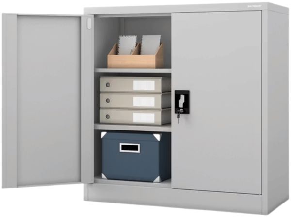 Aktenschrank abschließbar BEATA - 3 Ebenen verstellbar, Flügeltüren | Metallschrank Werkstatt Mehrzweckschrank Büroschrank aus Stahl Werkzeugschrank, 93x90x40cm Grau
