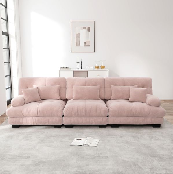 Modulares Ecksofa 81cm×313cm×77cm mit tiefem Sitz – Chenille-Sofa in Rosa mit gepolsterten Armlehnen
