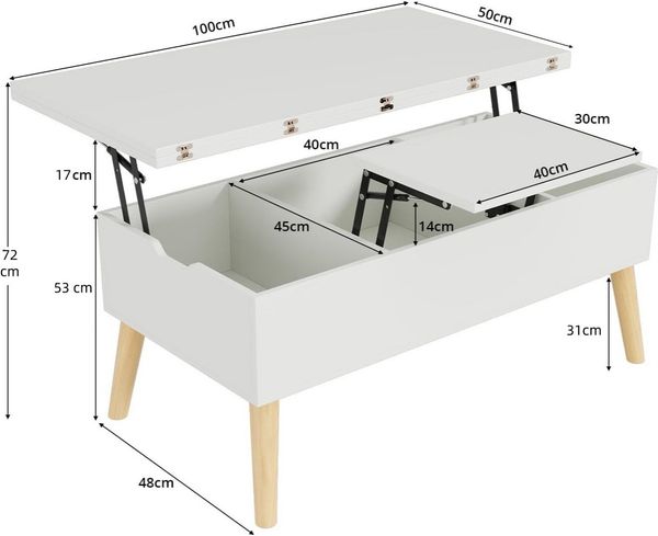 VOWNER Couchtisch mit klappbarer Arbeitsplatte, umwandelbar zum Esstisch, mit Holzbeinen (1-St), 3-in-1-Multifunktions-Wohnzimmertisch mit versteckter Aufbewahrung