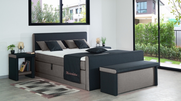 Meisterbetten Boxspringbett Amos 120x200 in W-Grey in W-Black, Matratzenbezug Nano, Ergoflex-Topper, mit Fussteil