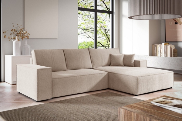 Ecksofa Schlafsofa LEVIO Stoff ARAGON Creme Ottomane Rechts