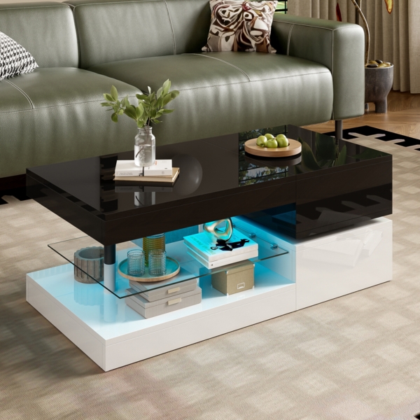 Moderner Couchtisch mit LED-Ambientebeleuchtung,90×45×35.5 cm, Weiß + Schwarz,modernes Design, viel Stauraum Bild 7