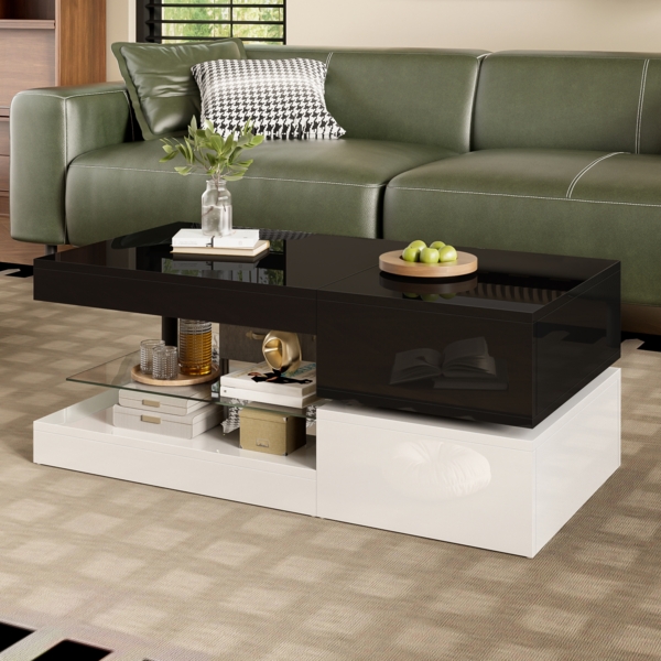 Moderner Couchtisch mit LED-Ambientebeleuchtung,90×45×35.5 cm, Weiß + Schwarz,modernes Design, viel Stauraum Bild 6