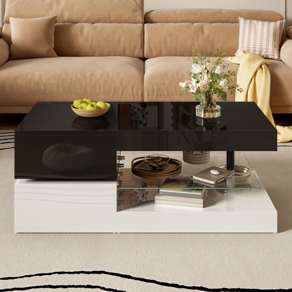 Moderner Couchtisch mit LED-Ambientebeleuchtung,90×45×35.5 cm, Weiß + Schwarz,modernes Design, viel Stauraum Bild 3