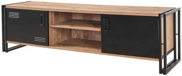 Dmora Fernsehschrank Cyprien, Ständer für Wohnzimmerfernseher, Niedriges Wohnzimmer-Sideboard, TV-Ständerbasis, 180x45h50 cm, Eiche und Schwarz