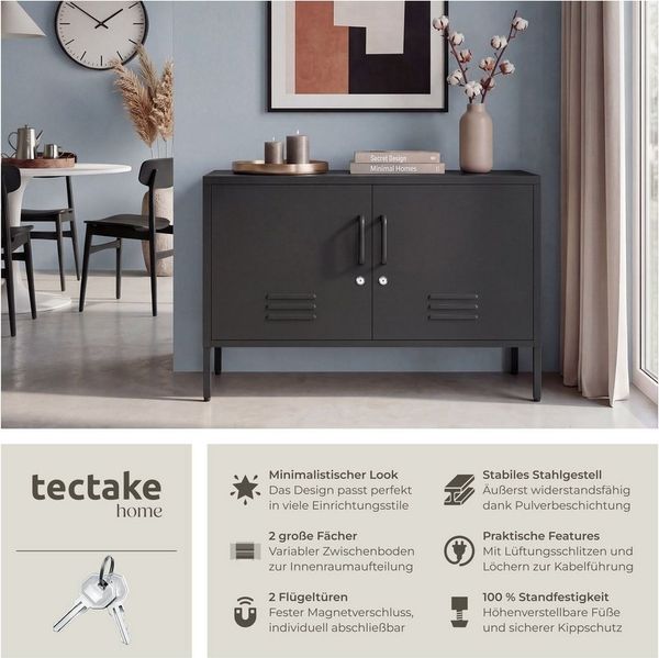 tectake Lowboard Sideboard, Kippschutz, höhenverstellbare Füße, 100 x 42,5 x 65 cm (Kommode Baker, in schwarz), 2 Türen mit Magnetverschluss, Zwischenboden verstellbar, Kabelführung