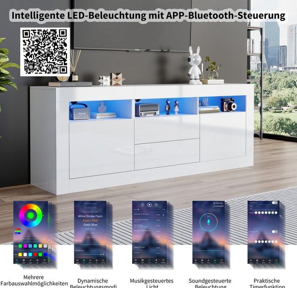 Merax TV-Schrank mit Schubladen und Türen TV-Board mit Hochglanz Front, Lowboard mit LED inkl. APP, Fernsehtisch