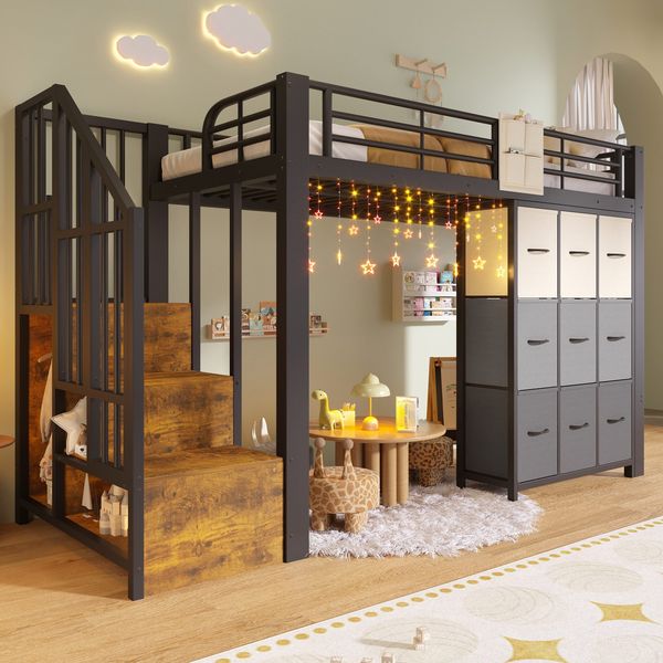Hochbett mit Aufbewahrungsboxen, Lattenrost und Taschen, Treppe mit Regal und Kleiderschrank, 90x200 cm, Kinderbett mit Rausfallschutz, Metallbett