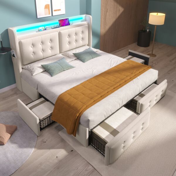 Polsterbett aus Baumwoll-Leinen, LED & USB-Anschluss, 148x220x106 cm, Beige, ohne Matratze
