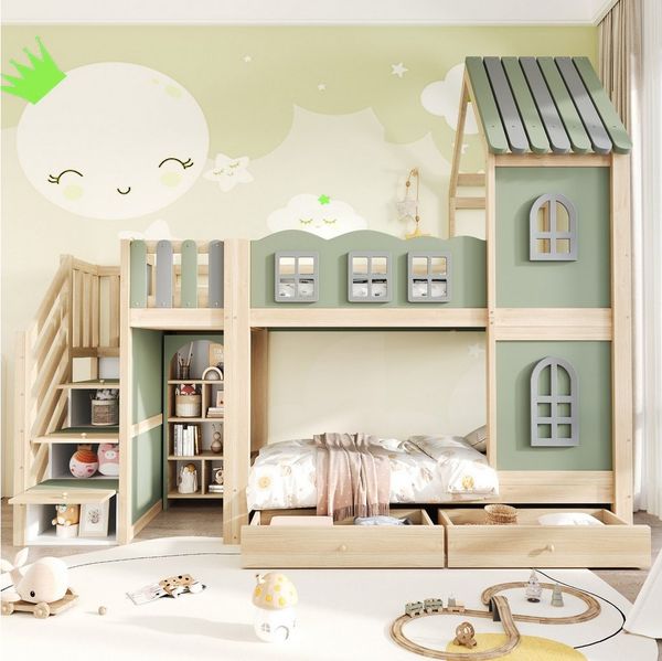 Flieks Etagenbett, Kinderbett 90x200 cm Hausform mit Stauraumtreppe Schubladen Regalen