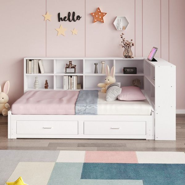 Merax Daybett 90/180x190cm mit USB-Steckdose (1 tlg), Ausziehbares Schlafsofa Kinderbett mit Ablagefächern und 2 Schubladen