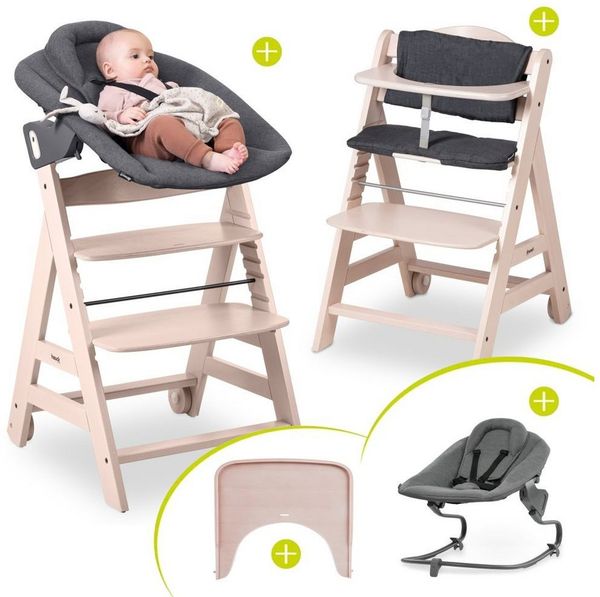 Hauck Hochstuhl Beta Plus Whitewashed - Dark Grey, Babystuhl ab Geburt inkl. Aufsatz für Neugeborene, Tisch, Sitzauflage