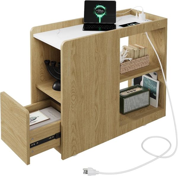 GarveeMore Beistelltisch Mit Ladestation Nachttisch mit Schublade Und Rollen,2 Steckdosen, USB Und USBc-Anschluss,Höhenverstellbarem Einlegeboden,Feststellrollen