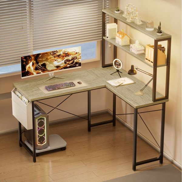 BBWL Computertisch Doppelstock-Computertisch mit RGB-LED, integrierter Steckdosenleiste, 15 mm Spanplatte P2, PVC-Kanten und flexiblem PC-Halter