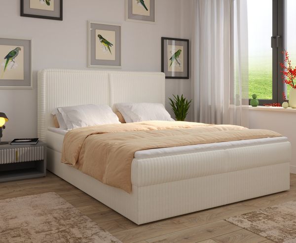 MOEBLO Boxbett Bett 04 (Bonnellmatratzen + Topper, Doppelbett gepolstertes Kopfteil Bett mit Bettkasten, aus Cord, Polsterbett Kontinentalbett), (BxHxT):143/163/183x113x214cm