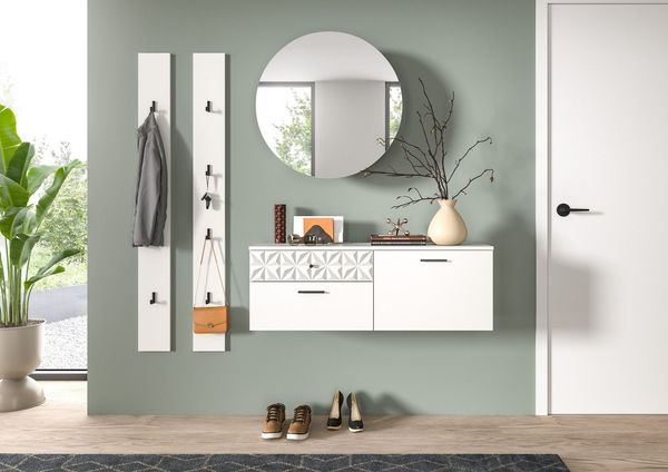 Home affaire Garderoben-Set VICENZA, 4-tlg, mit foraler Ornamentabsetzung in der Front, (4-St), best. aus.: Schuhschrank, Spiegelschrank und 2x Hakenpaneel