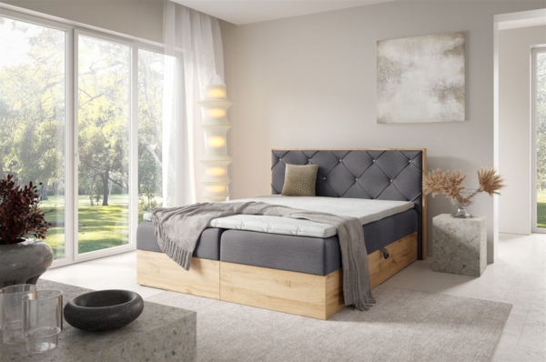 Boxspringbett Schlafzimmerbett HELIOS PREMIUM 140x200cm in Stoff Rouge Grau