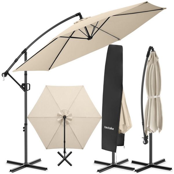 tectake Ampelschirm Sonnenschirm mit Doppeldach, inkl. Schutzhülle, 3x3 m, Balkonschirm Artemis, für Außen in Beige, 360° drehbar, wasserabweisend, neigbar, Kurbelmechanismus