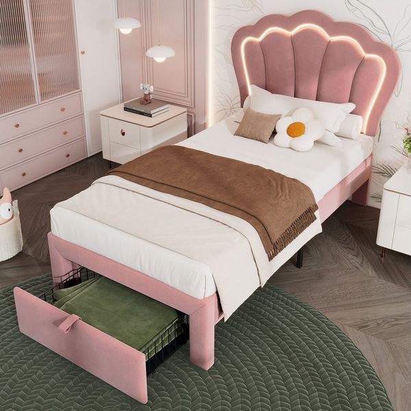 BlingBin Einzelbett Kinderbett Polsterbett (Jugendbett mit Schubladen 90 x 190/200 cm), APP-Control LED,Verstellbares Kopfteil,Samt