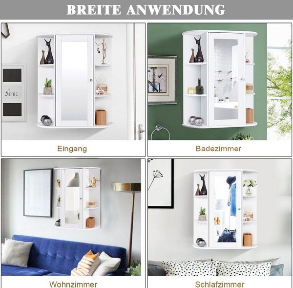 COSTWAY Badschrank mit Spiegel, Spiegelschrank fürs Bad, Medizinschrank mit Ablagen, Hängeschrank für Badzimmer, Wandschrank mit Badspiegel, Wandspiegelschrank Wandspiegel, 60 x 16,5 x 70,5 cm (Weiß)