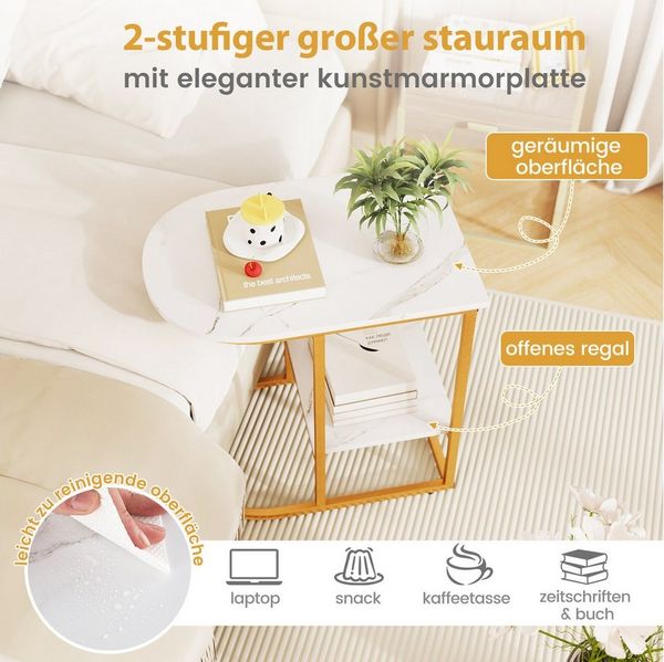 COSTWAY Beistelltisch, Marmor, 2-stöckiger Sofatisch mit Ablage, C Form