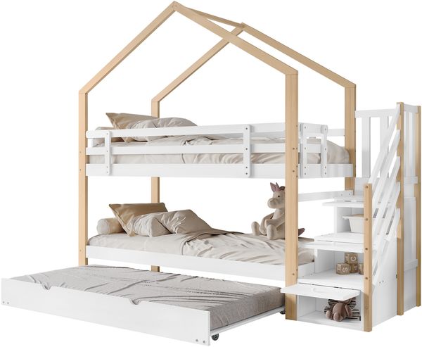 Kinder-Etagenbett 90x200cm, mit Eckleiter, Schutzgitter & 2 Einzelbetten, Kiefernholz, weiß Bild 5