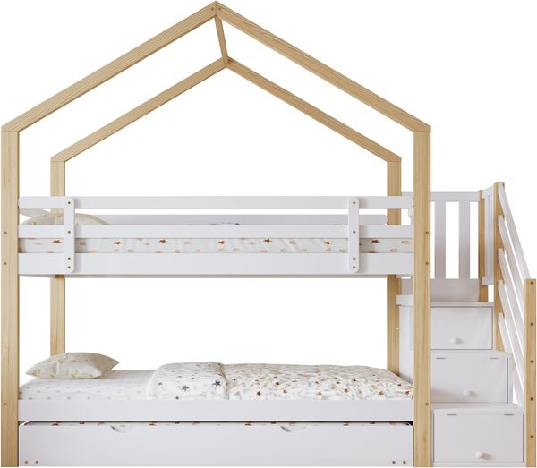 Kinder-Etagenbett 90x200cm, mit Eckleiter, Schutzgitter & 2 Einzelbetten, Kiefernholz, weiß Bild 6