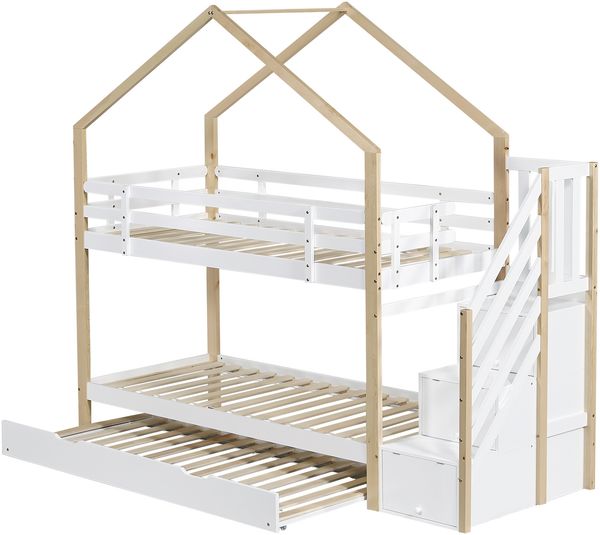 Kinder-Etagenbett 90x200cm, mit Eckleiter, Schutzgitter & 2 Einzelbetten, Kiefernholz, weiß Bild 8