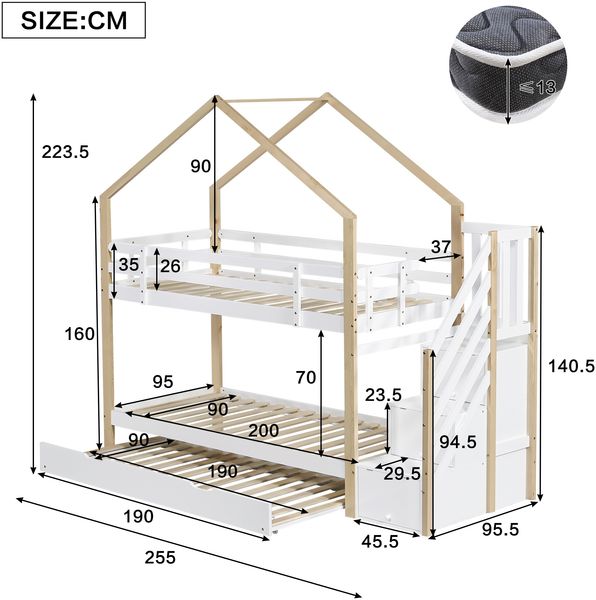 Kinder-Etagenbett 90x200cm, mit Eckleiter, Schutzgitter & 2 Einzelbetten, Kiefernholz, weiß Bild 4