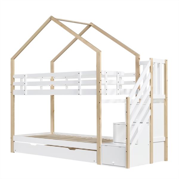 Kinder-Etagenbett 90x200cm, mit Eckleiter, Schutzgitter & 2 Einzelbetten, Kiefernholz, weiß Bild 7