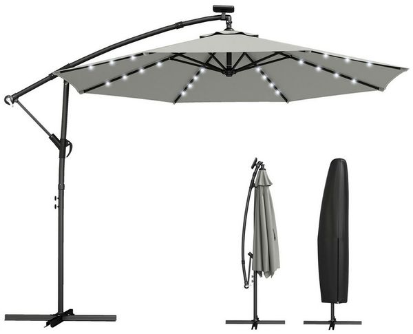 Outsunny Ampelschirm mit 360° Drehfunktion, Kurbel, Ständer, Schutzhülle, LxB: 300x300 cm, Gartenschirm, Sonnenschirm, Hellgrau