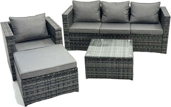 Fimous Gartenlounge Sofa Set 5-sitzer Rattan Gartenmöbel Gartensofa Couchtisch Hocker mit Kissen für Garten; Balkon;Terrasse Dunkelgrau Mischen