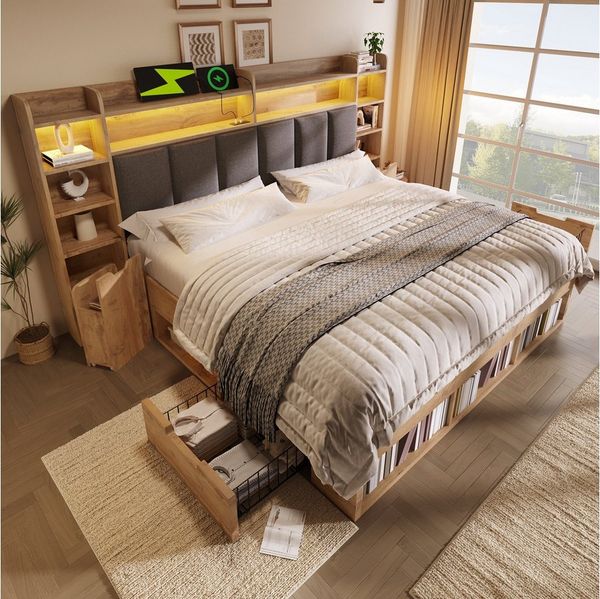 STILVORA Stauraumbett 180x200 mit Stauraum Holzbett Jugendbett mit LED und Nachttische (Doppelbett / Systembett, Holzoptik, mit LED & USB/Typ-C, inkl. Lattenrost, viel Stauraum), RGB-LED mit Fernbedienung, rollbare Nachttische, geräuscharm & stabil