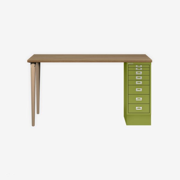 MultiDesk, 2 Eichenfüße, 1 MultiDrawer mit 8 Schüben, Dekor natürliche Eiche, Farbe Grün, Maße: H 740 x B 1400 x T 600 mm