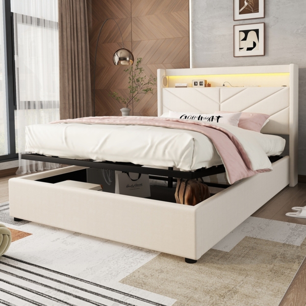 Merax Polsterbett LED Hydraulisches Doppelbett 140x190cm mit USB-Laden und Stereoanlage, Leinen, Beige