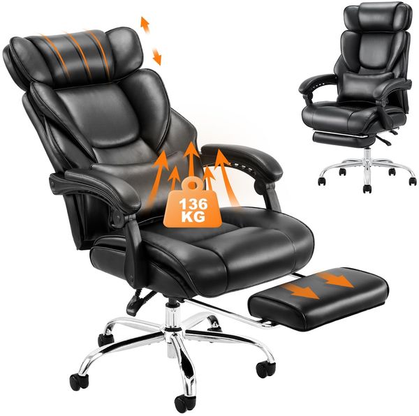 COLAMY Bürostuhl Leder mit Fußstütze, Ergonomischer Chefsessel für Homeoffice – Hohe Rückenlehne, 90–135° Neigefunktion, Gepolsterte Armlehnen, Office Chair mit Lendenkissen, Schwarz