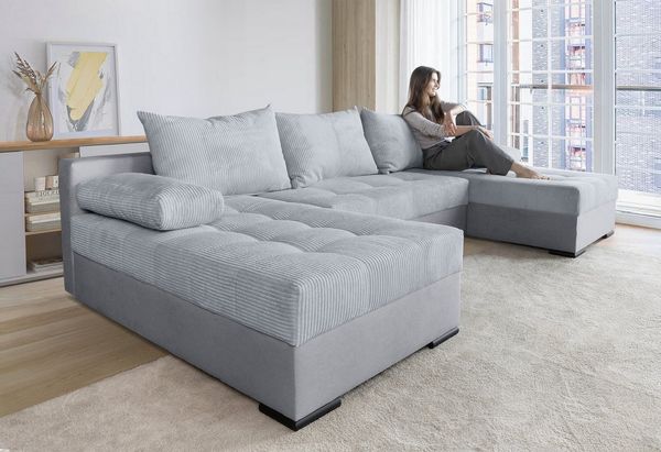 INOSIGN Wohnlandschaft Josy U-Form, Breite 269 cm, Flachgewebe, Struktur, Kunstleder, inkl. Bettfunktion, Bettkasten, mit 3 gleich großen Rückenkissen