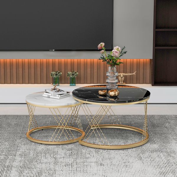 Couchtisch-Set 2-teilig, rund, 70 x 70 x 45 / 45 x 45 x 40 cm, platzsparend, MDF mit Marmormuster