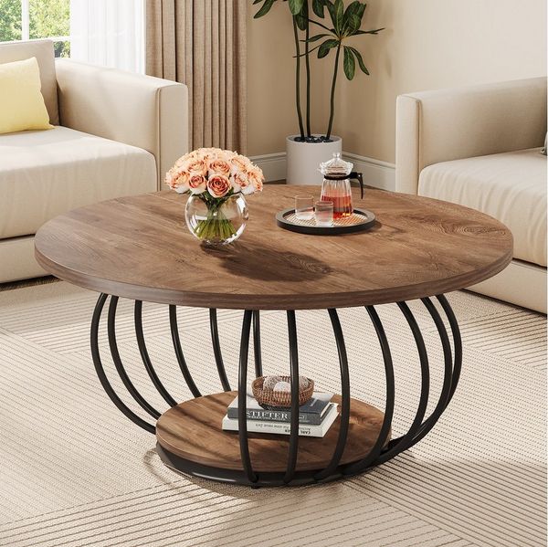 Tribesigns Couchtisch 100 cm Runder Wohnzimmertisch mit Stauraum, 2-stöckiger Metallrahmen