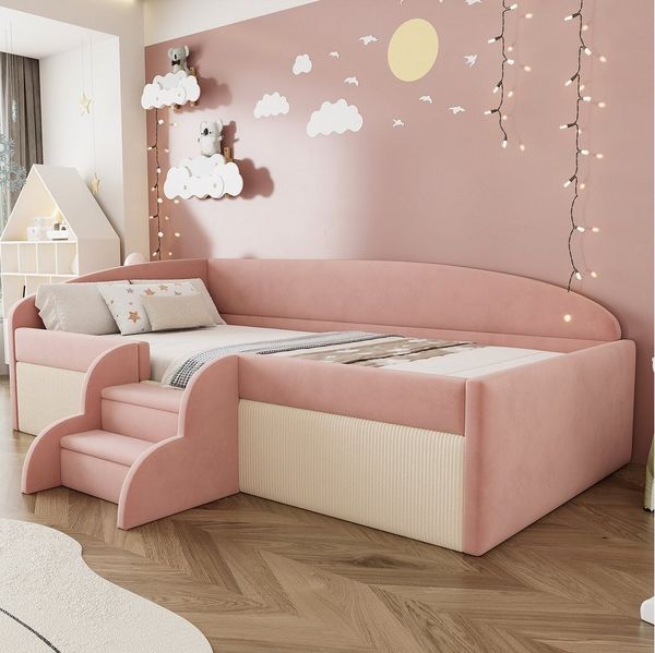 REDOM Polsterbett Sicherheitsbügel, Hautfreundlicher Samt (Schlafsofa Kinderbett, mit Stufen, 90x190cm), ohne Matratze