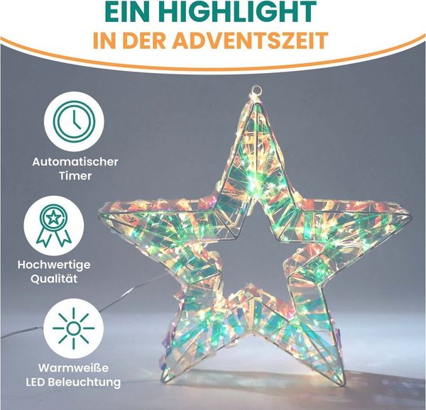 Gartenpirat LED-Lichterkette Stern 40x40cm/Tanne 63x46cm in Regenbogenfarben mit LED warmweiß Timer, Timer-und Schalter-Funktion: Schalter mit 3 Funktionen(ON/OFF/TIMER)