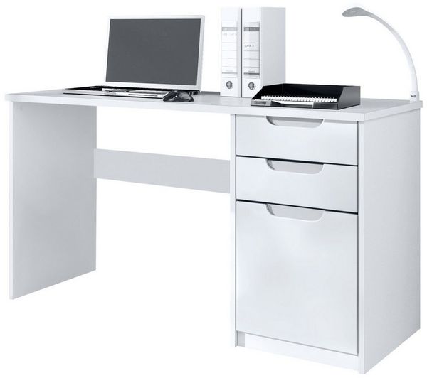 Vladon Schreibtisch Logan (Bürotisch, mit 2 Schubladen und 1 Tür), Weiß matt/Weiß matt (129 x 76 x 60 cm)
