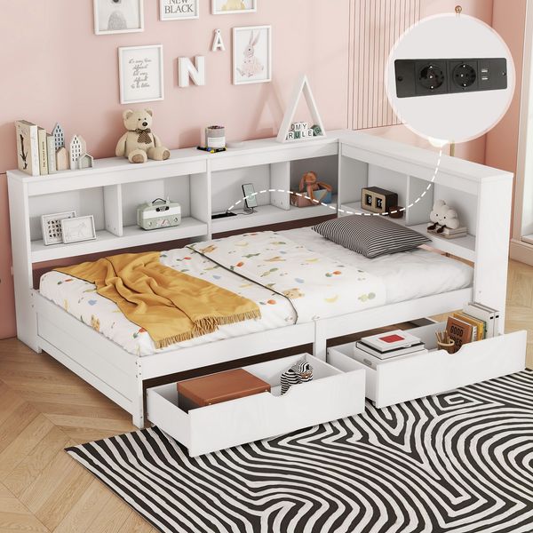 Daybett, 90 x 200 cm, Schlafsofa, Tagesbett mit zwei Schubladen, Mit Steckdose und 2 USB-Anschlüssen, Bett mit Lattenrost (ohne Matratze), Spanplatte, Weiß