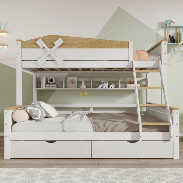 Flieks Etagenbett, Kinderbett 90x200cm+140x200cm mit Windmühle, Regalen und 2 Schubladen